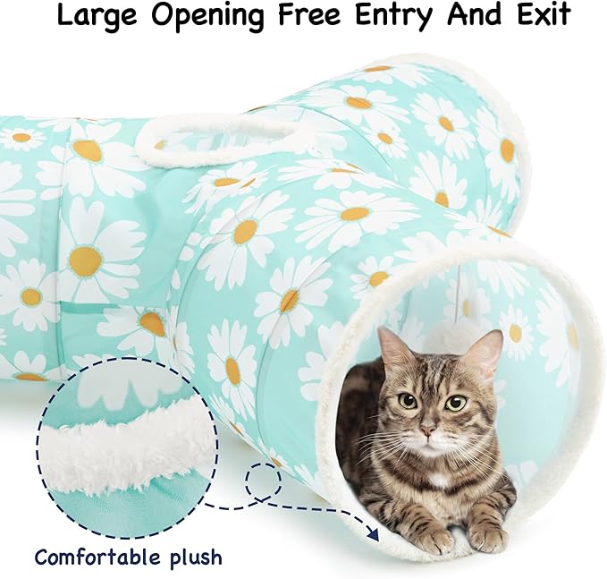 Tempcore Pet Cat Tunnel Tube Cat Toys 3 Way Collapsible, Cat Tunnels for Indoor Cats,Kitty Tunnel Bored Pet Toys Peek Hole Toy Ball, Puppy, Kitty, Kitten, Rabbit Daisy Blue Printed