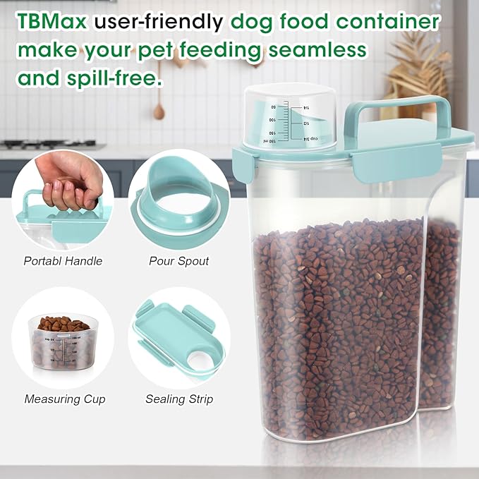 TBMax Pet Dog Cat Food Storage Container 5 to 7 lbs with Can Cover and Mixing Spoon, Airtight Bird Seed Container, Cat Food Storage Dispenser, Kibble Storage Dog Treat Bin -Light Blue