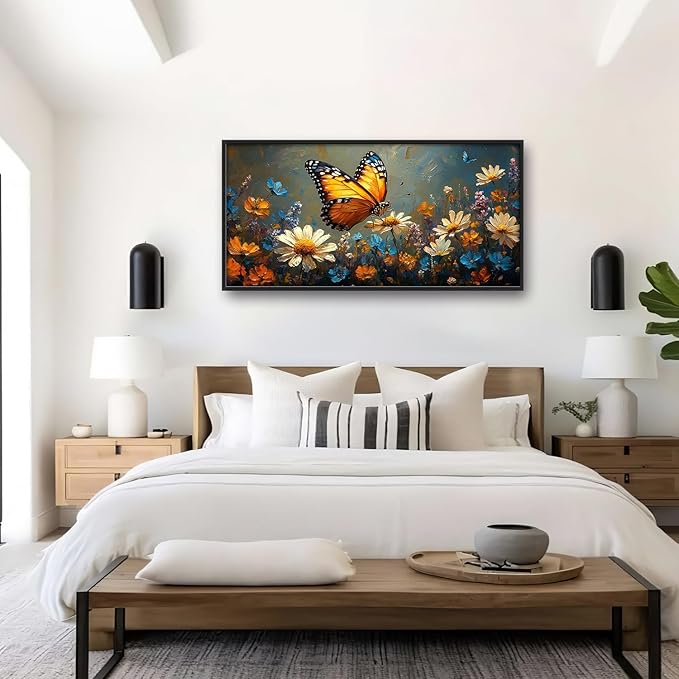 Large Butterfly Daisy Wall Art for Living Room, Floral Landscape Canvas Oversized Wall Decor, Flower Scenery Aesthetics Framed Pictures Painting Print Artwork for Bedroom Office 60"L x 30"W