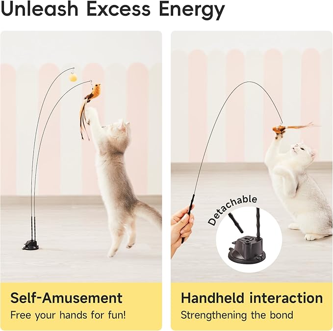 Potaroma Suction Cup Cat Wand Toys, Dual-Wand Interactive Kitten Toy for Indoor Cats with 5 Pcs Feathers Balls Attachments, Charcoal Base
