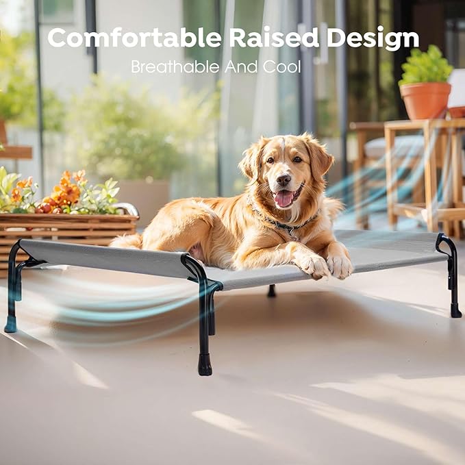 Veehoo Outdoor Elevated Dog Bed, Raised Dog Cot for Small Medium Dogs, Cooling Washable Waterproof Pet Hammock Beds with Slope Headrest, Breathable Mesh and Sturdy Frame, M, Grey, CWC2204