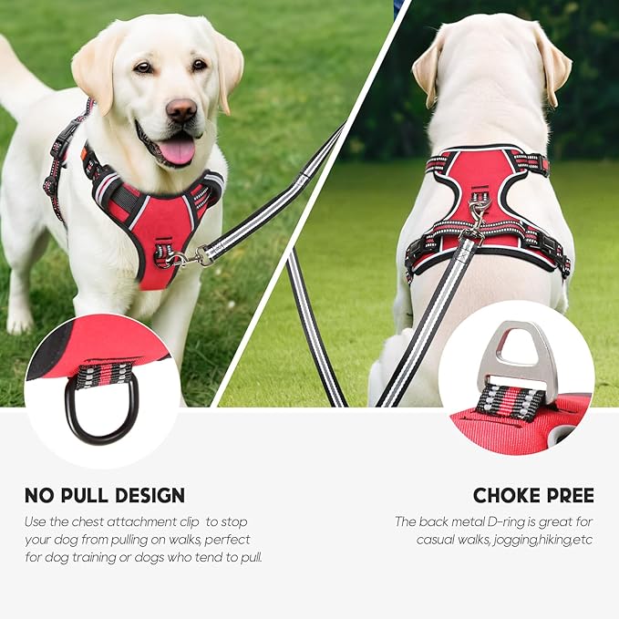 Timos Dog Harness Medium Sized, No Pull with Neck Lockable Snap,No Choke Front Clip Dog Reflective Harness,Adjustable Metal Rings 3 Buckles,Easy Control Handle for Medium Dogs Red M