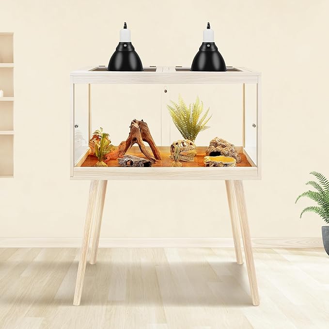 PROLEE Tempered Glass Reptile Enclosure with Leg,24“ Scratch-Proof Bearded Dragon Tank,28 Gallon Lizard Tank with Metal Mesh Tops and Lockable Door,Spacious Reptile Habitat for Snake,Lizard (Oak)