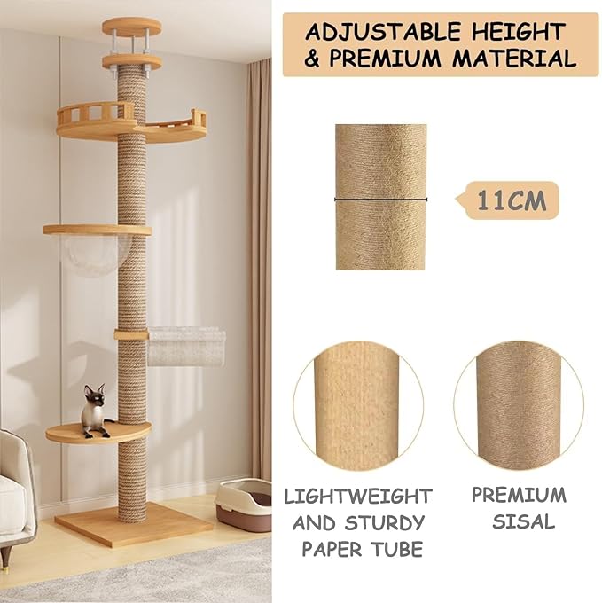 Cat Tree Floor to Ceiling,Cat Tree Height Adjustable from Floor to Ceiling(92“-114”), Tall Climbing Tree, Equipped with Scraping Pillars, Comfortable Bed, Observation Deck, Space Capsule