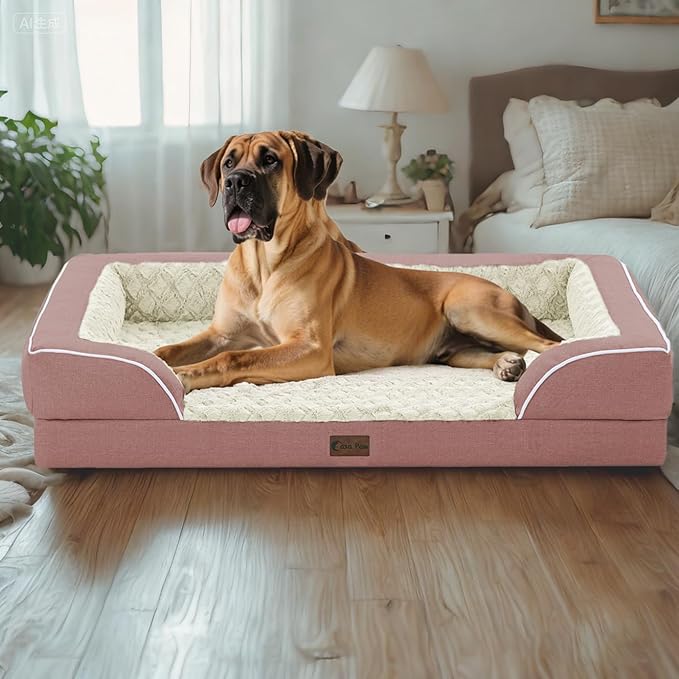 Orthopedic XL Dog Bed for Extra Large Dogs, Waterproof Memory Foam Dog Beds with Sides, Non-Slip Bottom and Egg-Crate Foam Big Dogs Couch Beds with Removable Washable Cover(X-Large,Pink)