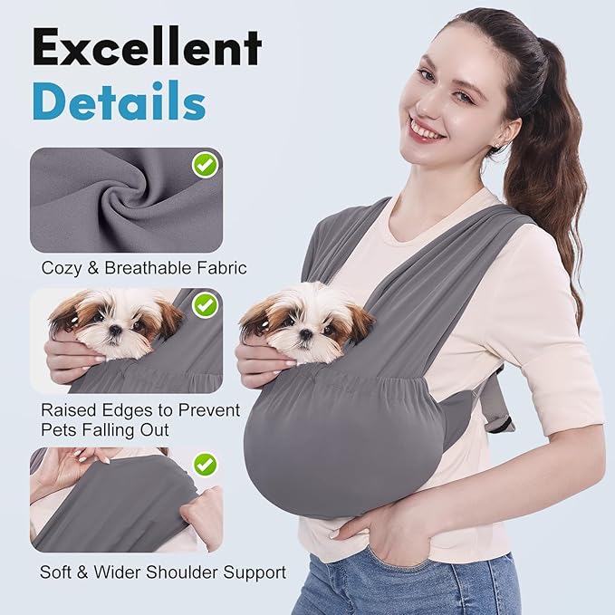 Supet Dog Sling Carrier for Small Pets, Hands Free Front Cat Sling, Reducing Back Neck Pain Anti-Anxiety, Adjustable Soft Carrying (Grey, Plus)