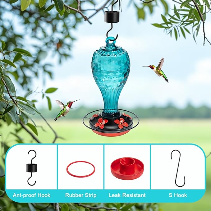 Hummingbird Feeder - Hand Blown Glasss Hummingbird Feeders for Outdoors Hanging with Ant Moat, Never Fade, Garden Backyard Decoration, for Women Mom Dad (Blue)
