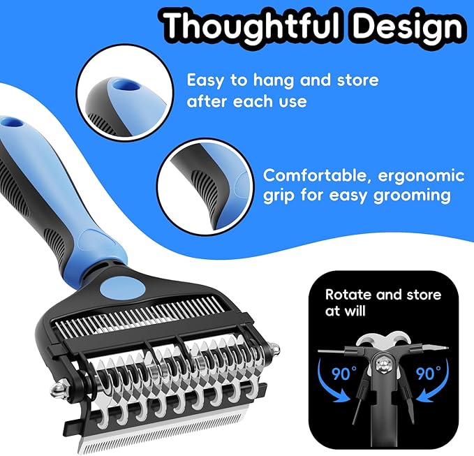 3-in-1 Pet Deshedding Tool โ Grooming Brush for Dogs & Cats with Undercoat Rake & Dematting Comb (Blue)