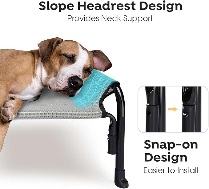 Veehoo Outdoor Elevated Dog Bed, Raised Dog Cot for Large Dogs, Cooling Washable Waterproof Pet Hammock Beds with Slope Headrest, Breathable Mesh and Sturdy Frame, Large, Grey, CWC2204
