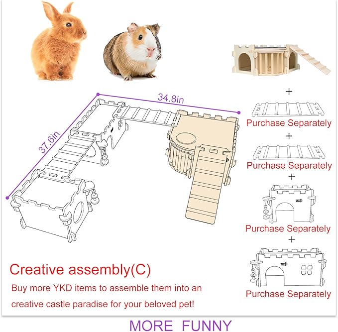 Large Guinea Pig Castle, Natural Wood Rabbit House with Ladder and Hay Feeder, Small Animal Hideout for Rabbit Guinea Pig Hedgehog Chinchilla