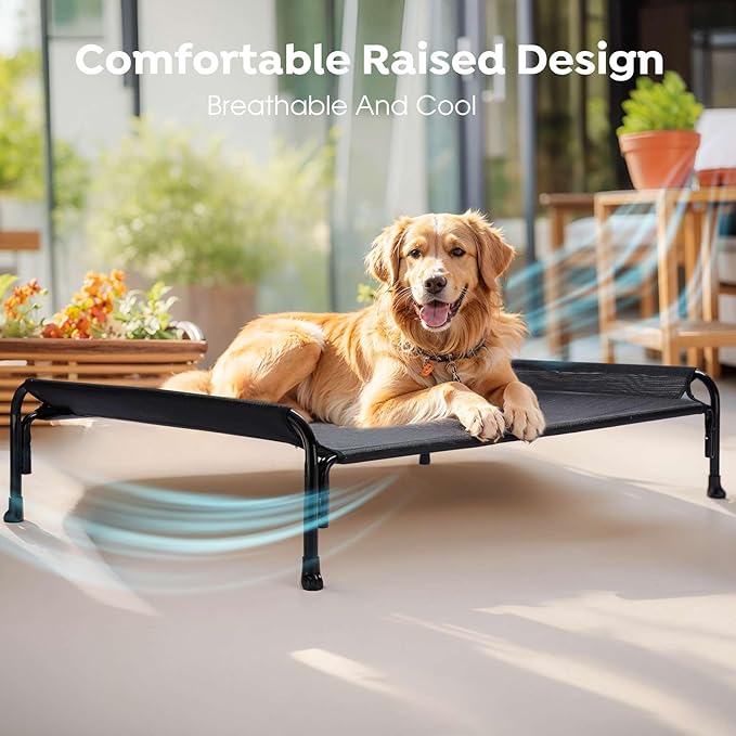 Veehoo XXL Outdoor Elevated Dog Bed, Raised Dog Cot for Extra Large Dogs, Cooling Washable Waterproof Pet Hammock Beds with Slope Headrest, Breathable Mesh and Sturdy Frame, XX-Large, Black, CWC2204