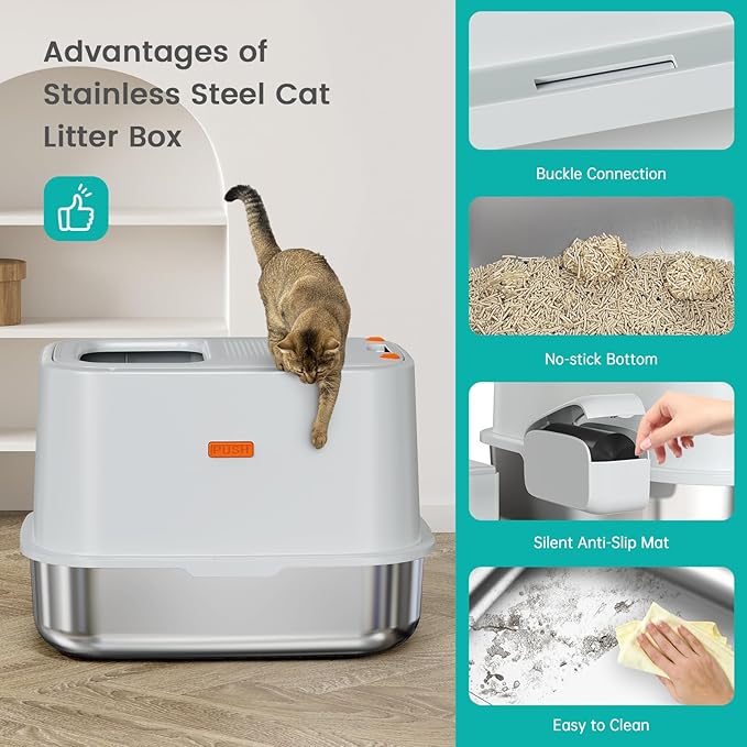 XL Stainless Steel Cat Litter Box Top Entry Extra Large Metal Litter Box with High Side for Big Cats, Multiple Cats, No Odor, Easy to Clean, Anti-Urine Leakage, Dog-Proof, Non-Sticky(Grey)