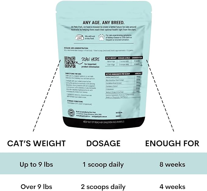 Urinary and Kidney Powder Supplement for Cats - Cranberry, Nettle Seed, D-Mannose for Cat UTI Treatment, Urinary Tract Health, and Kidney Care - Fast UTI Relief & Prevention - 60 Scoops