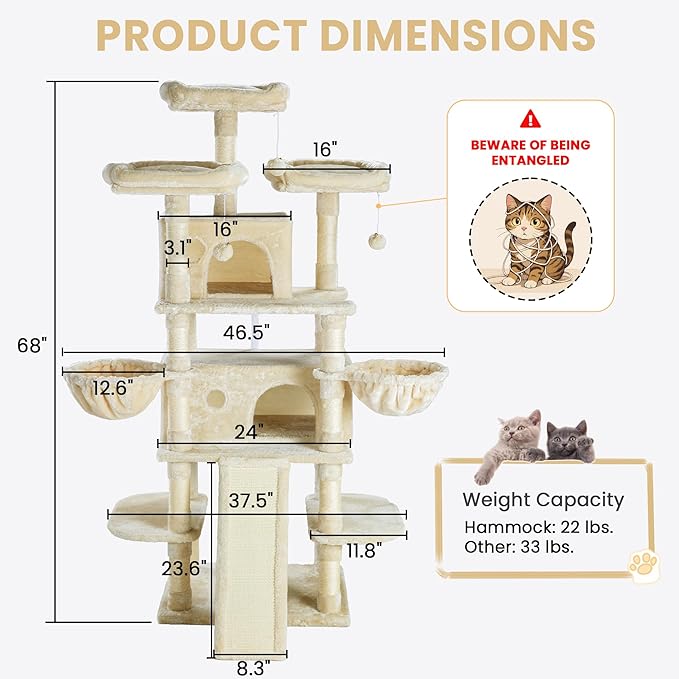 SHA CERLIN 68 Inches Multi-Level Large Cat Tree for Large Kitties/Big Cat Tower with Condo/Cozy Plush Pussycat Perches/Sisal Scratching Posts and Hammocks/Activity Center/Beige