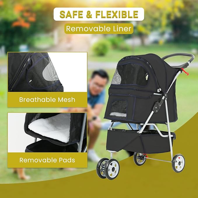 Pet Stroller Dog Stroller Portable Travel 3 Wheel Foldable Cat Stroller with Storage Basket and Cup Holder for Small and Medium Cats,Dogs,Puppy,Black