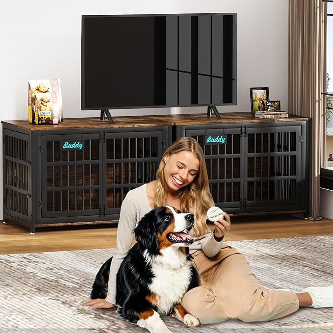 EasyCom 48"/42"/33" Dog Crate Furniture with Name Tag, Heavy Duty Dog Kennel Indoor for Large Dogs, Escape-Proof and Chew-Proof Dog Cage for high Anxiety Dog, Decorate House as TV Stand, End Table
