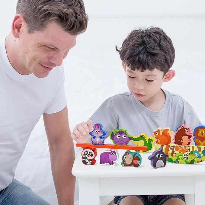 Vileafy Montessori Wooden Animal Toys for 3 4 5 Year Old Boys and Girls, 10 Pack Balance Blocks with Beam & Base, Toddler Stacking Toys Games, Educational Preschool Toys for Birthday Gifts