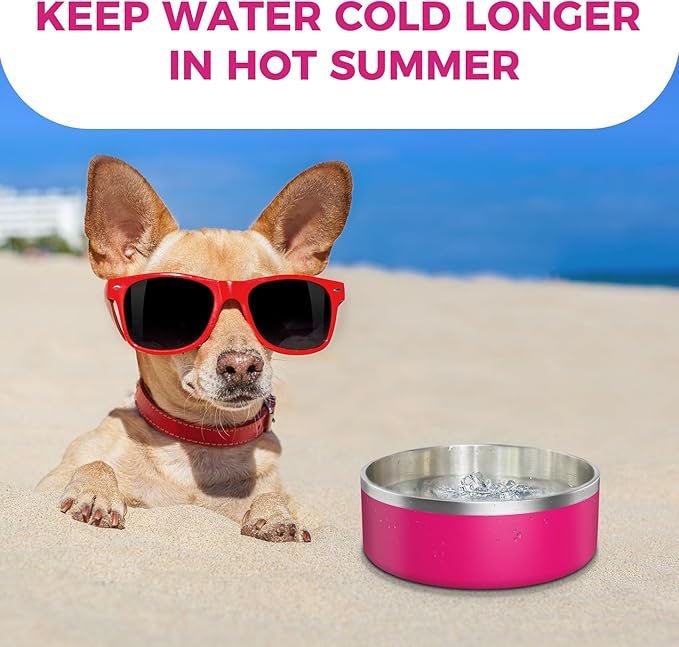 LIHONG Stainless Steel Dog Bowls for Large Dogs,Dog Food Water Bowls with Non Slip Rubber Bottom,Pet Feeding Bowl,Double Wall Insulated,Rustproof(64oz,Pitaya Pink)