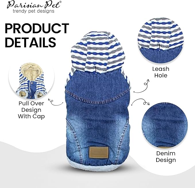 Parisian Pet Basic Dog Hoodie Lightweight Denim Striped Sweatshirt Pullover Hoodie for Dogs, Blue Cotton Clothes with Leash Hole and Pockets - XL