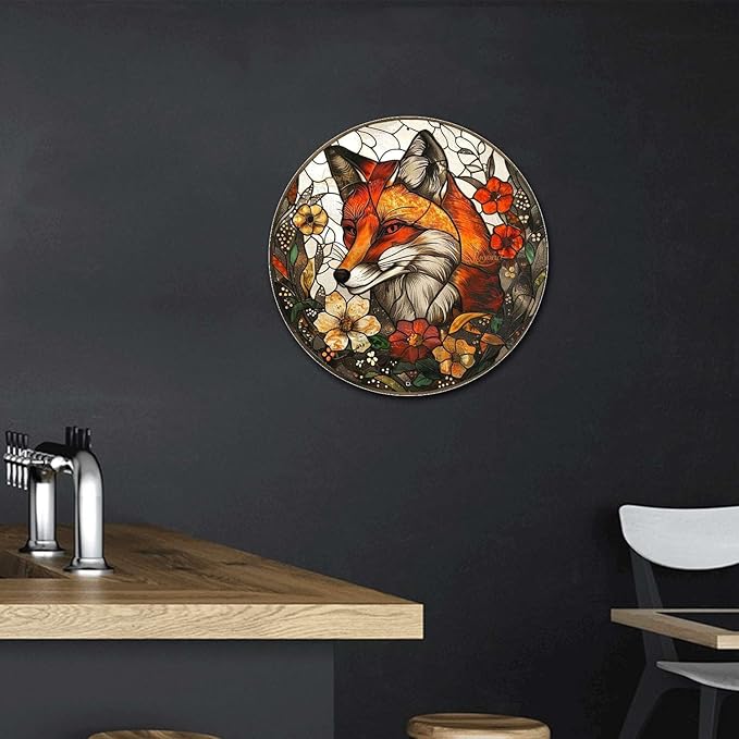 Lygond Metal Sign Tin Sign Circular Stained Glass Fox Boho Bedroom Decorations for Home Decor 8×8 Inches