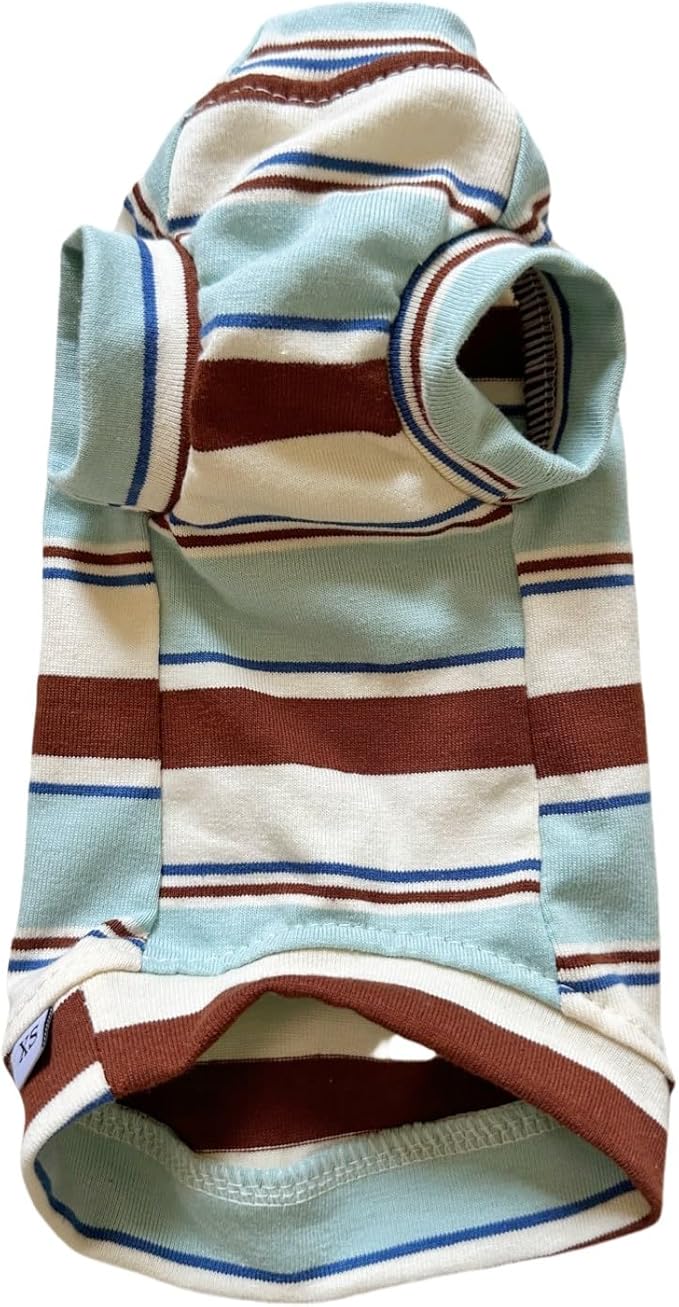 Vintage Stripes Sphynx Hairless Cats Shirt Cotton Cat Turtleneck Pet Clothes Kitten T-Shirts with Sleeves for Sphynx Cornish Rex, Devon Rex, Peterbald (Mint Brown, X-Small (Pack of 1))