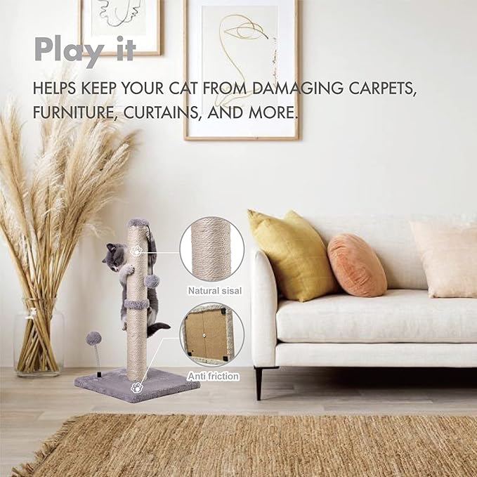 MECOOL Cat Scratching Post Premium Basics Kitten Scratcher Sisal Scratch Posts with Hanging Ball 22" for Kittens or Smaller Cats (22 inches for Kitten, Gray)