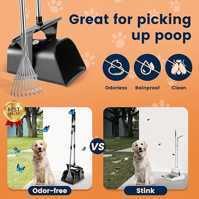 Pooper Scooper for Large Dogs Heavy Duty Swivel Bin & Rake with 20 Waste Bag for Large Medium Small Dogs, Easy to Clean Pet Waste Use on Grass, Dirt, Gravel or Flats