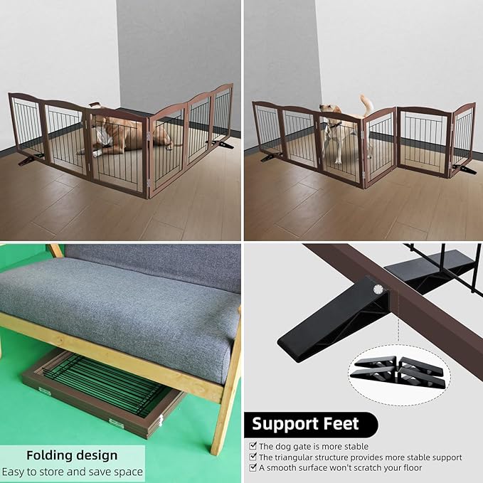 ZJSF Freestanding Dog Fence Indoor, Foldable Dog Gate for Doorways, Stairs or Hallways, Sturdy Wood Extra Wide Pet Gate with Support Feet for The House, Brown, 32 "Height-6 Panels