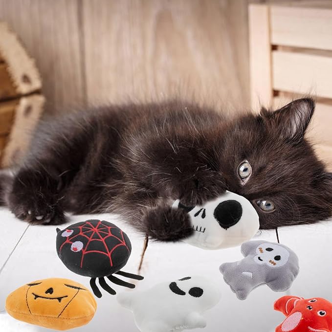 6pcs Halloween Catnip Toy,Indoor Pumpkin Ghost Shaped Cat Toy Plush Interactive Chew Bite Toys for Cat Kitten Indoor Festive Holiday Cat Lover Gift
