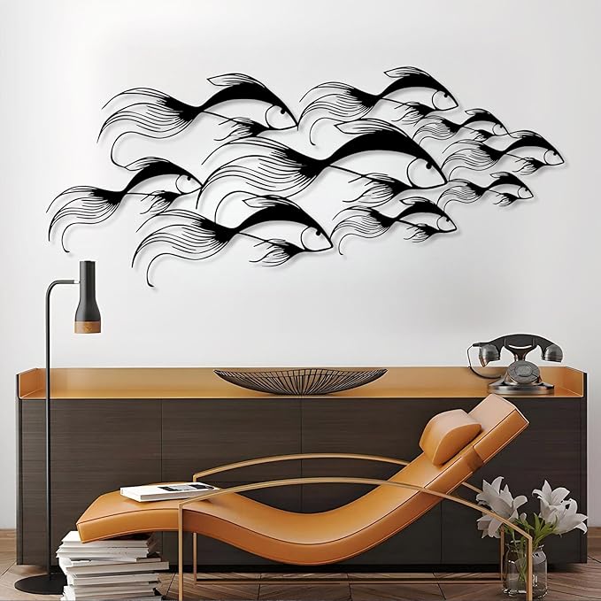 School of Fish Metal Wall Art, Metal Fish Wall Decor, Sea Life Wall Art, Large Nautical Wall Hanging, Modern Beach House Wall Decor, Ocean Themed Artwork for Bathroom (Silver, 24"x10" | 60x25cm)