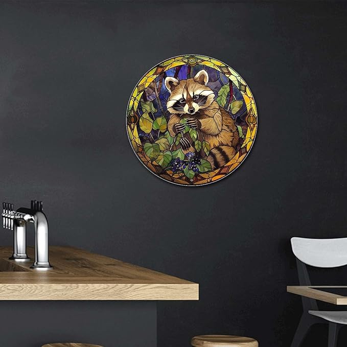 Lygond Metal Sign Tin Sign Circular Stained Glass Raccoon Minimalist Wall Art for Club 8×8 Inches