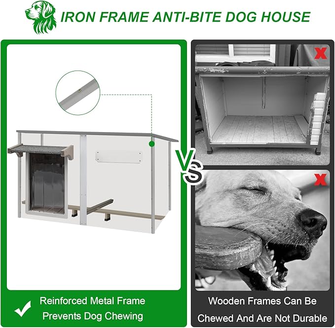 Dog House Outdoor Weatherproof & Wooden Dog Kennel with Chew-Proof Iron Frame,Removable Floor, Adjustable Vent Window, Easy Assembly for Large and Extra-Large Dogs 55.1" D x 33.1" W x 34.8" H