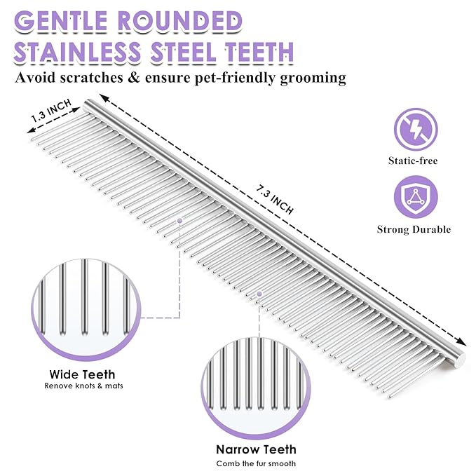 Large Dog Slicker Brush & Comb Set with Leather Sleeves - Long Pin Deshedding Brush for Golden Retrievers, Poodles, Doodles & Thick Coats, Wood Handle Pet Grooming Kit for Dogs, Cats. Purple