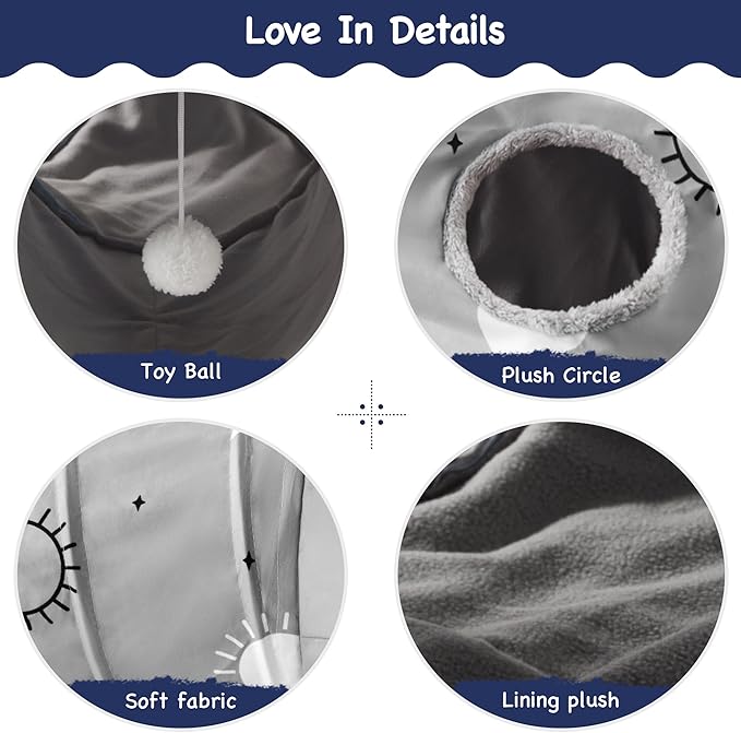 Tempcore Pet Cat Tunnel Tube Cat Toys 3 Way Collapsible, Cat Tunnels for Indoor Cats Fleece-Lined in for Warmth,Kitty Tunnel Bored Pet Toys Peek Hole Toy Ball Puppy, Kitten, Rabbit Gray Sun