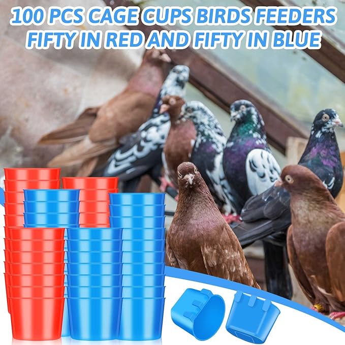 100 Pcs Cage Cups Chicken Feeder Cup 8 oz Hanging Bird Food Water Bowl Coop Bunny Cage Feeding Dish Game Fowl Supply for Poultry Pet Parrot Parakeet Rabbit Parakeet Pigeon(Red, Blue)
