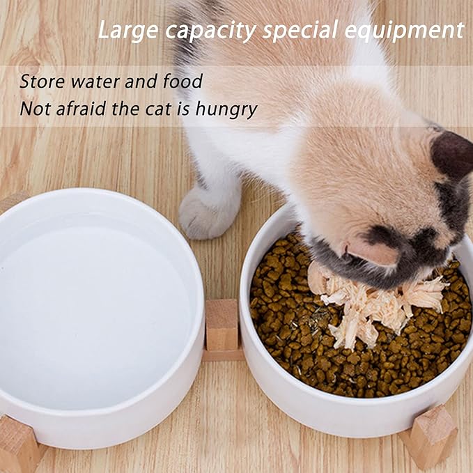 Petygooing Dog Bowls,White Ceramic Cat Dog Bowl Set with Wood Stand for Food and Water Feeder, Modern Pet Dish Set for Cats and Small Size Dogs Puppy (13.5OZ/5.1 in)