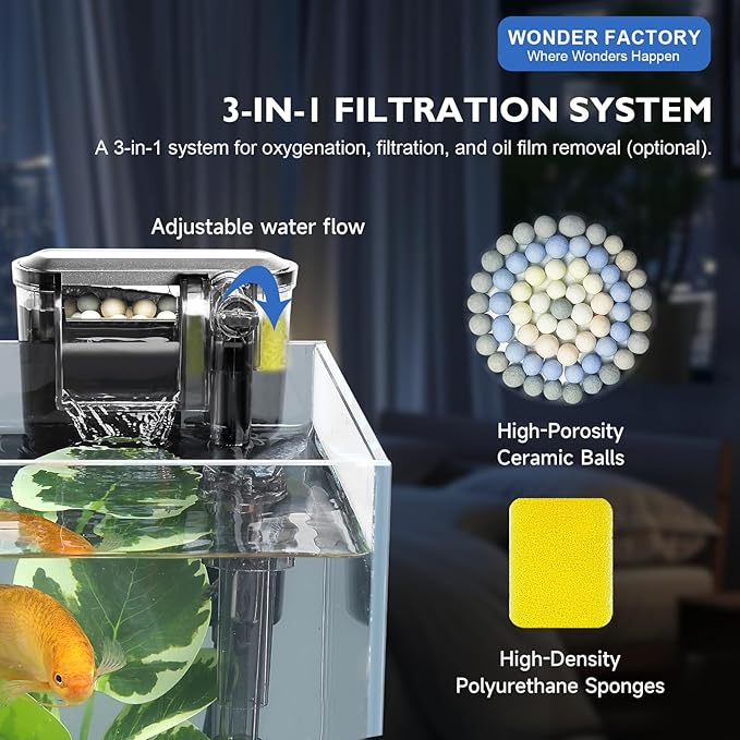Small Aquarium Starter Kit, 2.6 Gallon Glass Betta Fish Tank with Heater Self Cleaning System Efficiency Filter Bright Light Rocks Gravel Cleaning Tool Set, Leak-Proof Ultra-Clear Rimless Desktop Tank