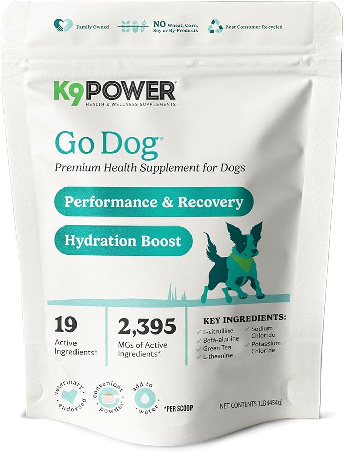 K9 Power Go Dog Hydration & Performance Drink Mix 1 lb - Active Dog Supplement for Muscle Function, Endurance, Recovery, with Electrolytes Support