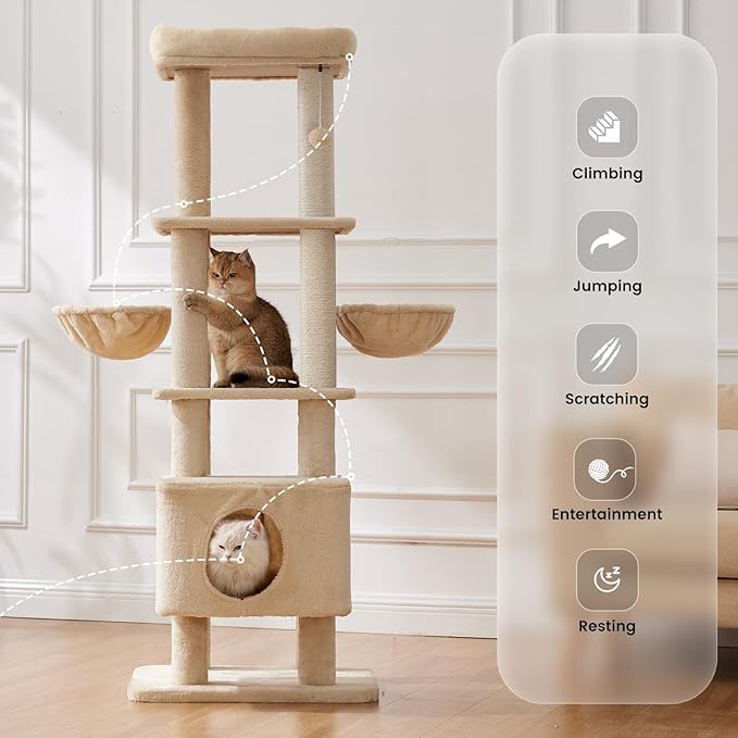Gardner Pet 65in Heavy Duty Cat Tree Tower for Large Cats, Multi-Level Cat Furniture with Replaceable Sisal Scratching Post, Hammock | Extra-Large Platform & Condo (Beige)