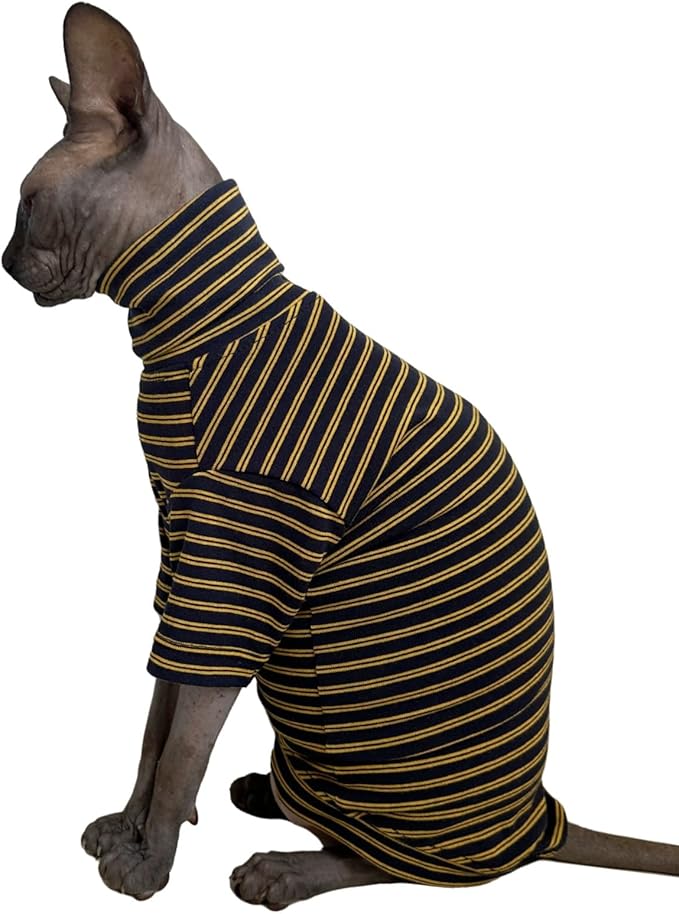 Vintage Stripes Sphynx Hairless Cats Shirt Cotton Cat Turtleneck Pet Clothes Kitten T-Shirts with Sleeves for Sphynx Cornish Rex, Devon Rex, Peterbald (Yellow Black, X-Small (Pack of 1))