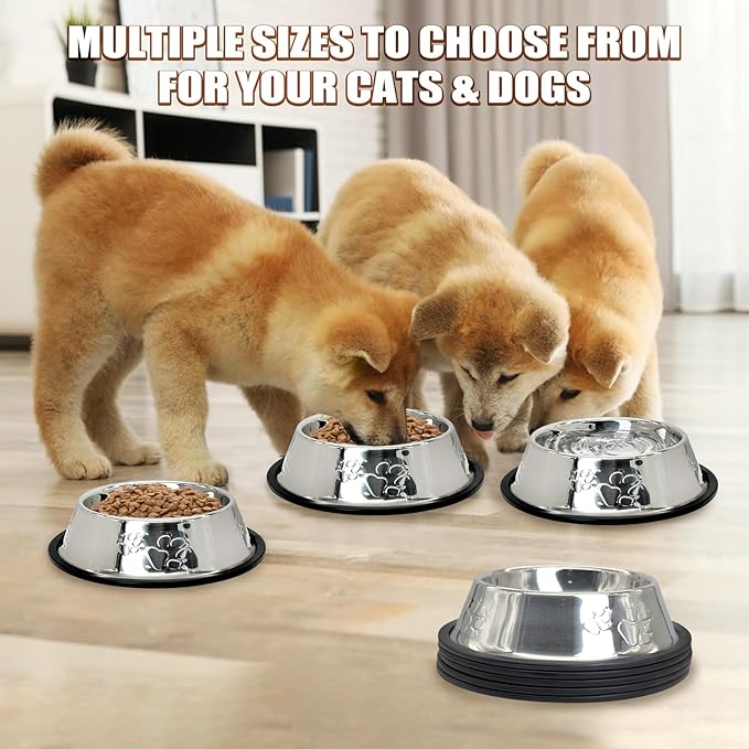 Fhiny 8Pcs Stainless Steel Dog Cat Bowl with Rubber Base Pet Food and Water Feeder Bowls Stackable Non-Slip Dish Plate for Small Medium Animals Puppy Kitten Rabbit-Two Paw Patterns