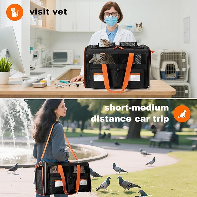 22''(L) x 16''(W) x 14''(H) Large Double pet Carrier for 2 Small-Medium Cats and car Travel,with a Removable Divider,Large Loading top,4 Pockets and Zipper Locks.