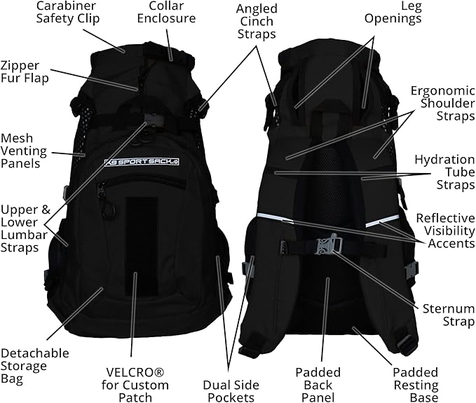 K9 Sport Sack Plus 2 - Small, Jet Black - Ideal for Dogs 13-16” Long - Adjustable, Backpack-Style Carrier with Multi-Functional Storage Pack, Thick Shoulder Straps & Padded Back Panel