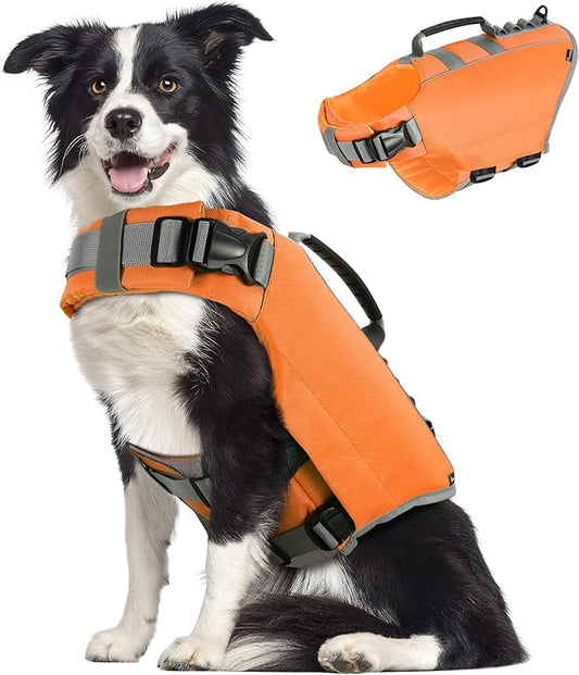Pawaboo Dog Life Jacket, Reflective Dog Safety Vest Adjustable Pet Life Preserver with Strong Buoyancy & Sturdy Rescue Handle, Ripstop Dog Lifesaver Vests for Swimming, Boating, L, Orange