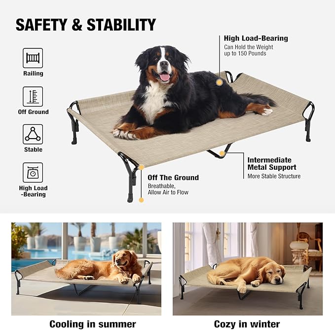 Veehoo Cooling Elevated Dog Bed, Guardrail Raised Pet Cot, Indoor & Outdoor XXL Pet Bed with Washable & Breathable Teslin Mesh, Non-Slip Feet, Dog Couch Bed, 62.5" x 37", Beige Coffee