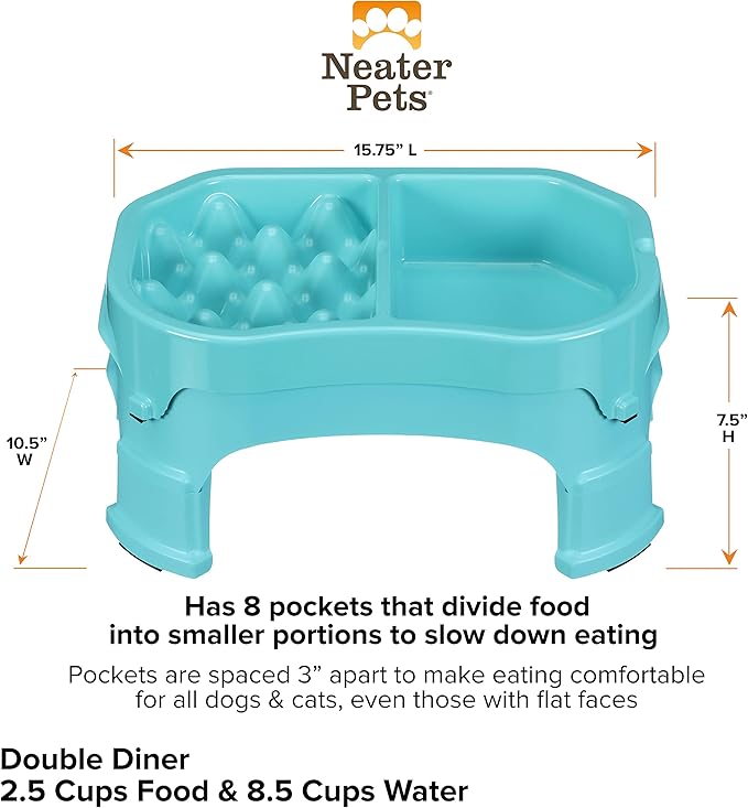 Neater Pet Brands – Neater Raised Slow Feeder Dog Bowl – Elevated and Adjustable Food Height - (Double Diner, Aquamarine)