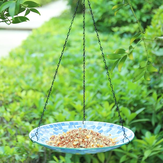 MUMTOP Mosaic Hanging Bird Bath-Bird Baths for Outdoors - 12 Inch Glass Birdbath Bird Water Bowl Bird Feeders for Outside, Garden, Lawn Yard Decor(Sunflower)