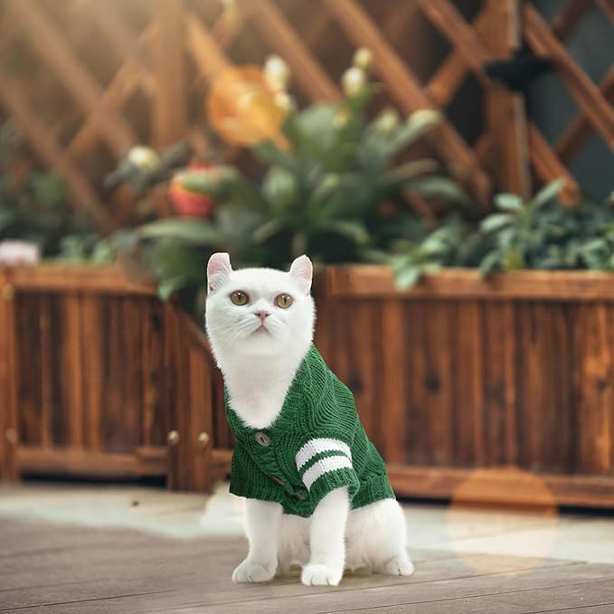 EXPAWLORER Cat Sweater Cardigan - Stylish Knitted Cat Clothes, British Style Soft Puppy Sweater with Sleeve Warm Pet Clothing Knitwear, Fall and Winter Kitten Coat for Girl Boy Cats, Green Small