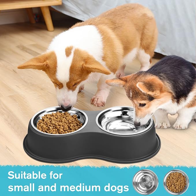 Dog Bowls Double Dog Water and Food Bowl Stainless Steel Bowl with Non-Slip Resin Station, Pet Feeder Bowls for Puppy Medium Dogs Cats