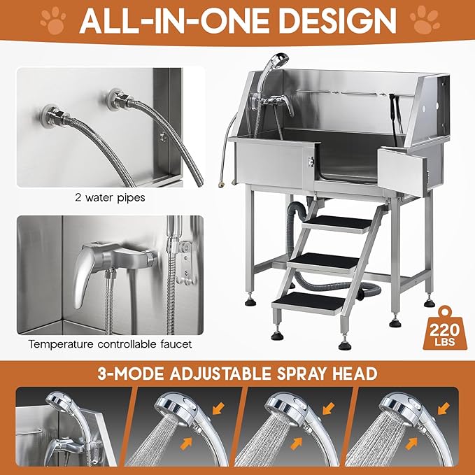 Albott 34 Inch Stainless Steel Dog Washing Station with Non-Slip Steps, Sprayer, Faucet, Tow Rope – Professional Pet Bathtub for Small Dogs, Great for Home, Garage, Salon (Left Door)